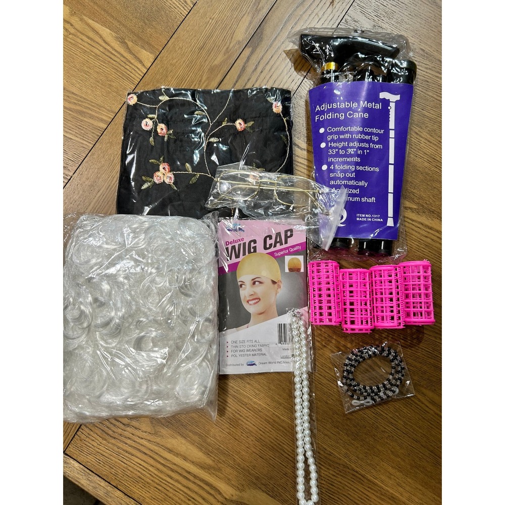 Kids Wig‎ Accessories Lot: Cane, Glasses, Pearls, Rollers, Hair Net